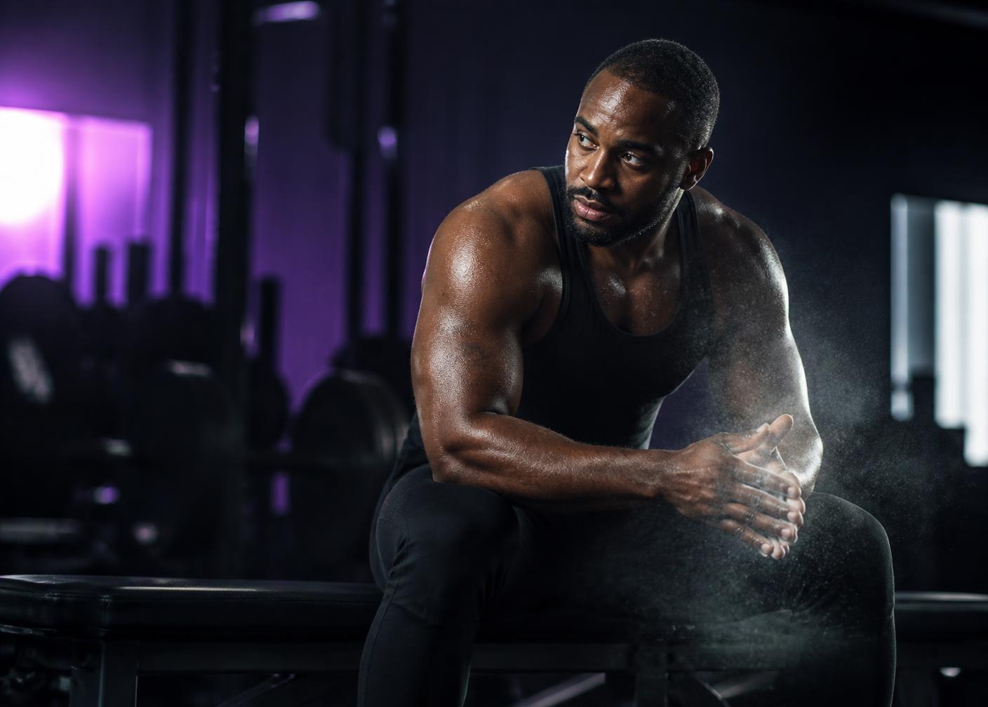 Athlete resting between heavy sets on a gym bench