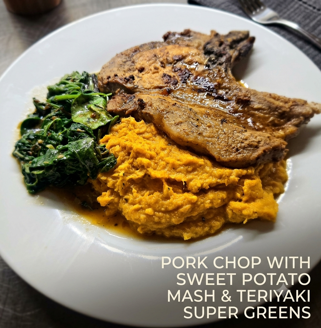 Seared bone-in pork chop plated with sweet potato mash and teriyaki super greens on a white plate