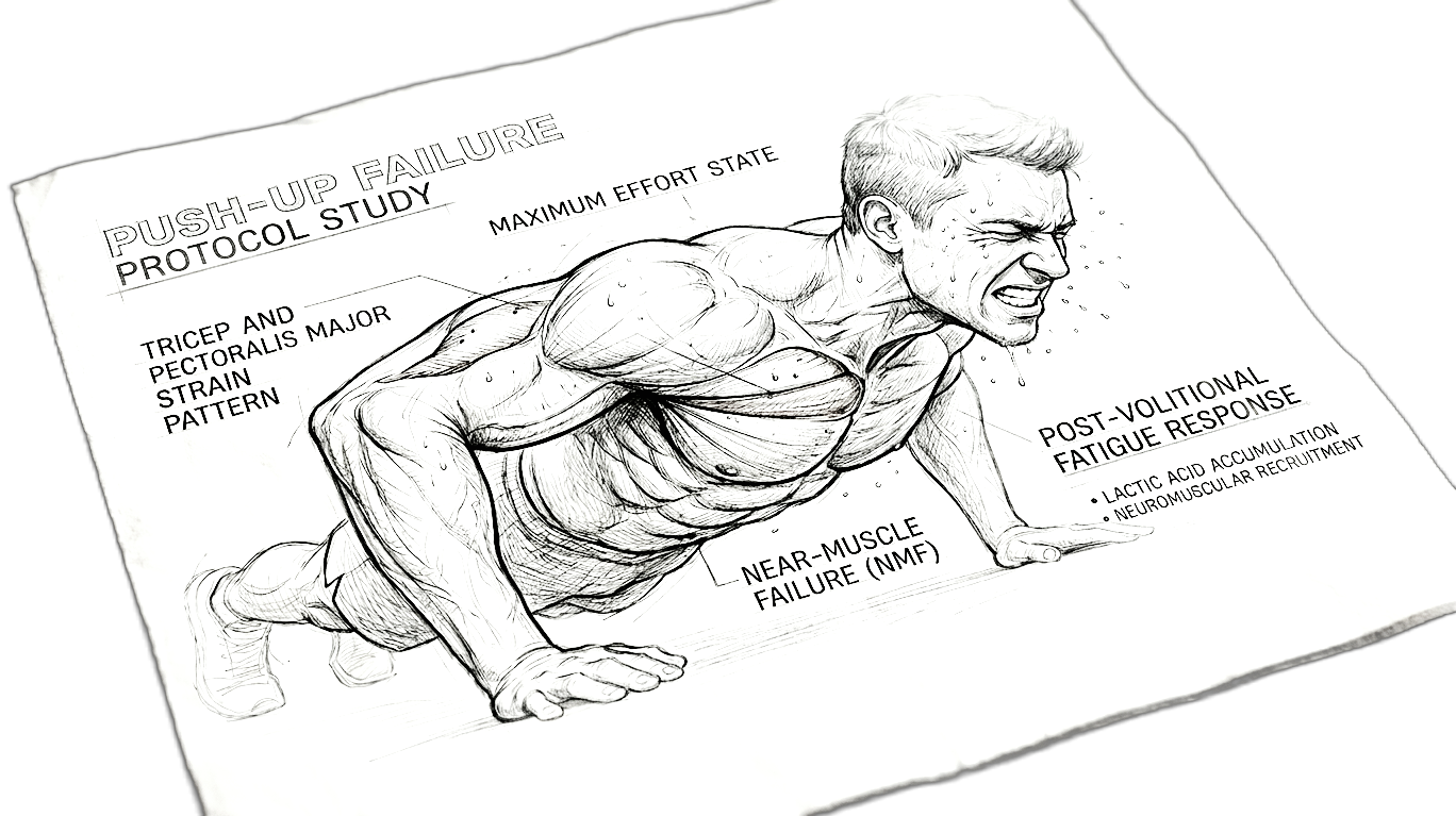 Anatomical study sketch of an athlete at push-up failure, labelled with tricep and pectoralis major strain pattern, maximum effort state, near-muscle failure and post-volitional fatigue response