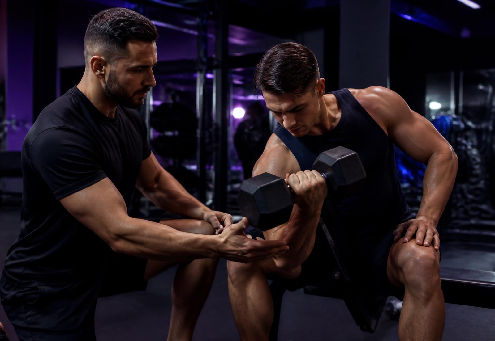 Personal trainer coaching a client through a dumbbell curl in a dark premium gym