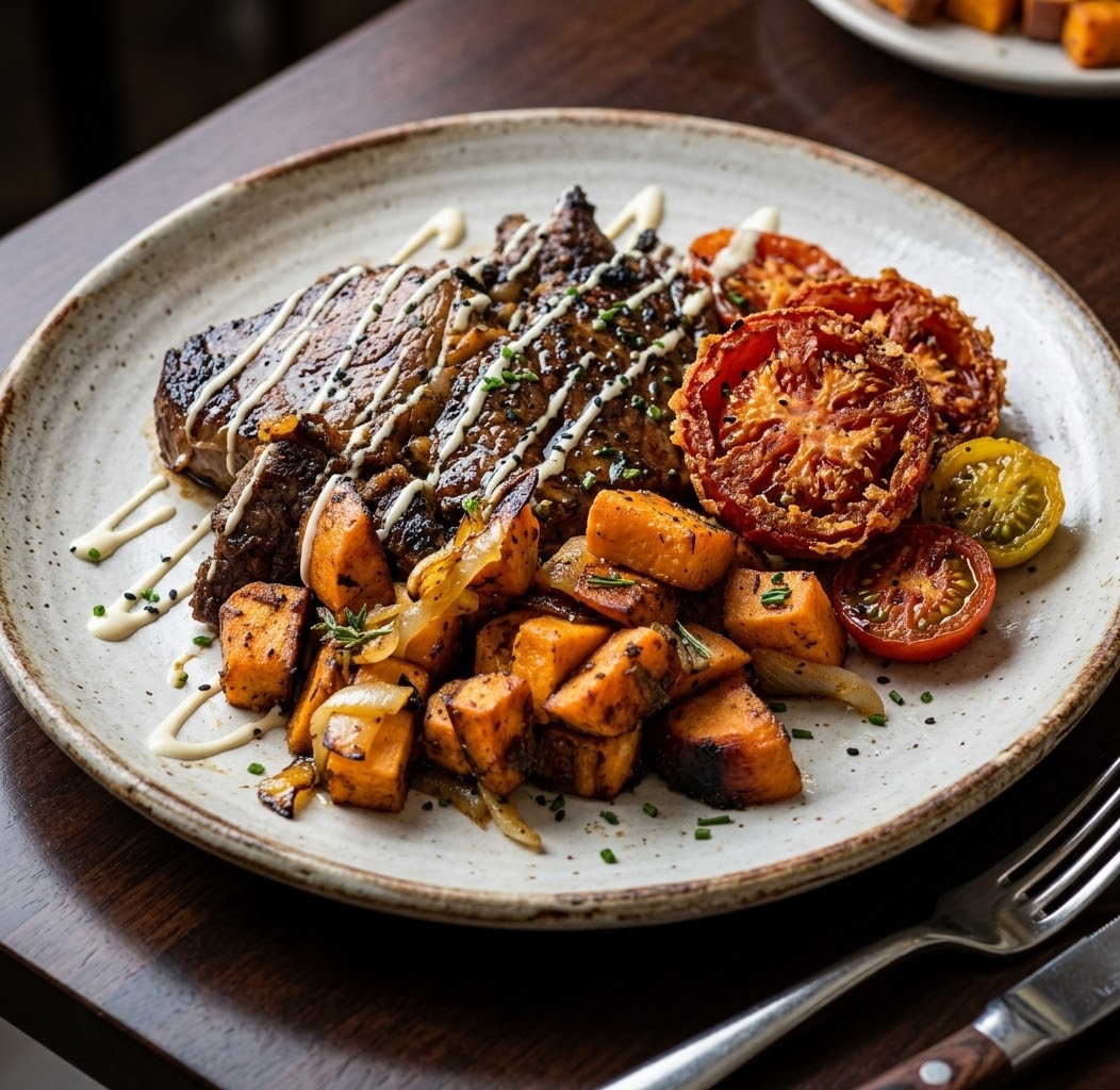 Sliced teriyaki-glazed beef round drizzled with garlic-yuzu aioli, served with caramelized sweet potato cubes, sautéed onions, thyme, and crispy fried tomato slices on a speckled plate