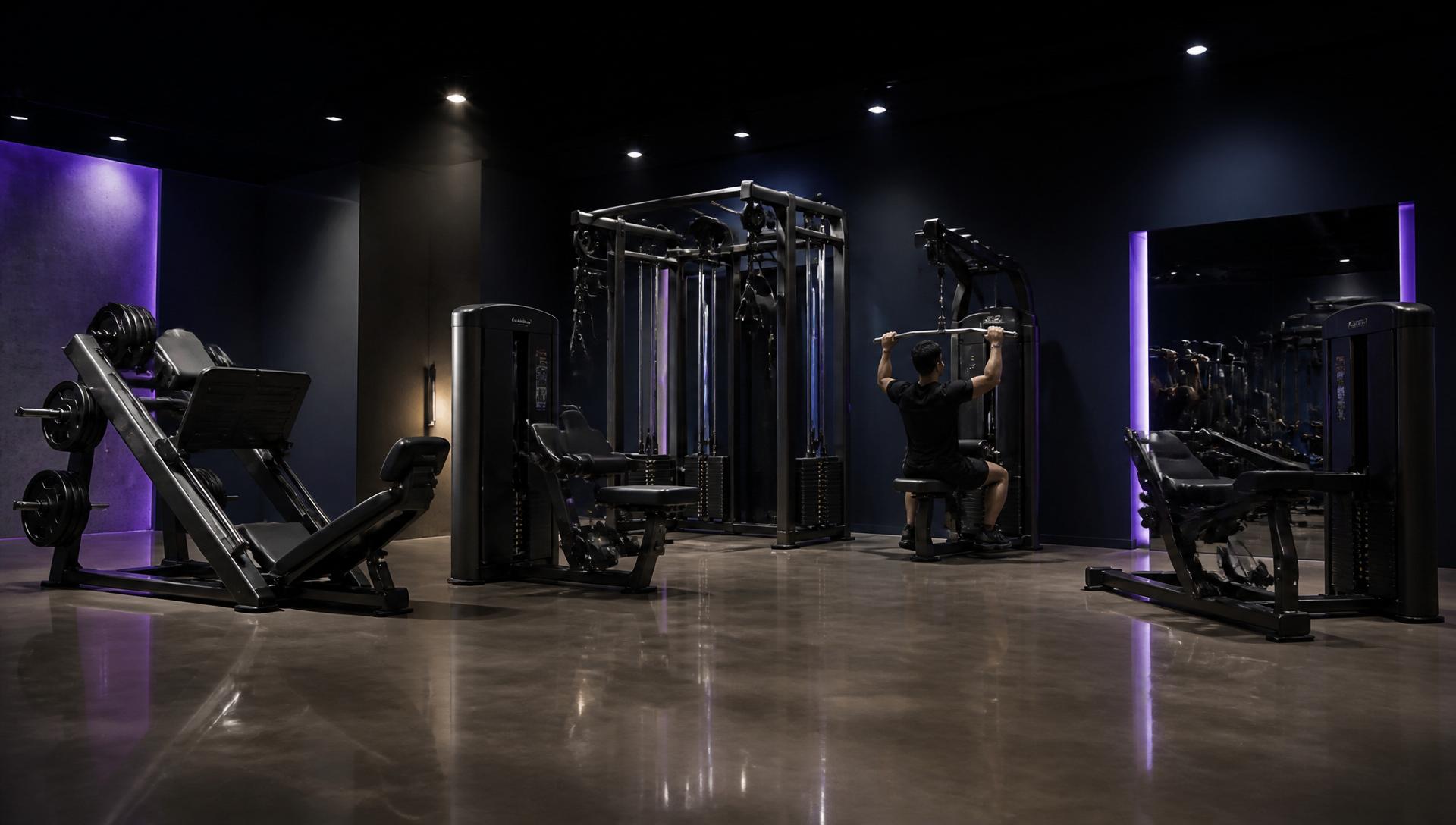 Premium gym floor with cable machines, leg press and lat pulldown in dramatic navy and purple light