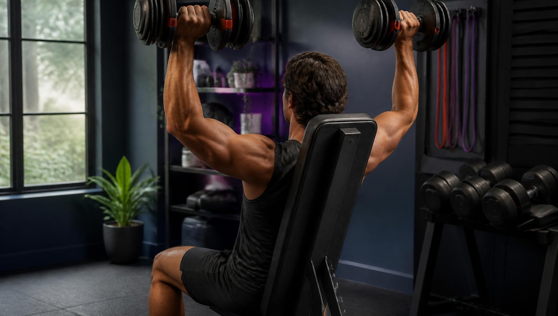Athlete doing dumbbell shoulder press in a clean home gym with adjustable weights