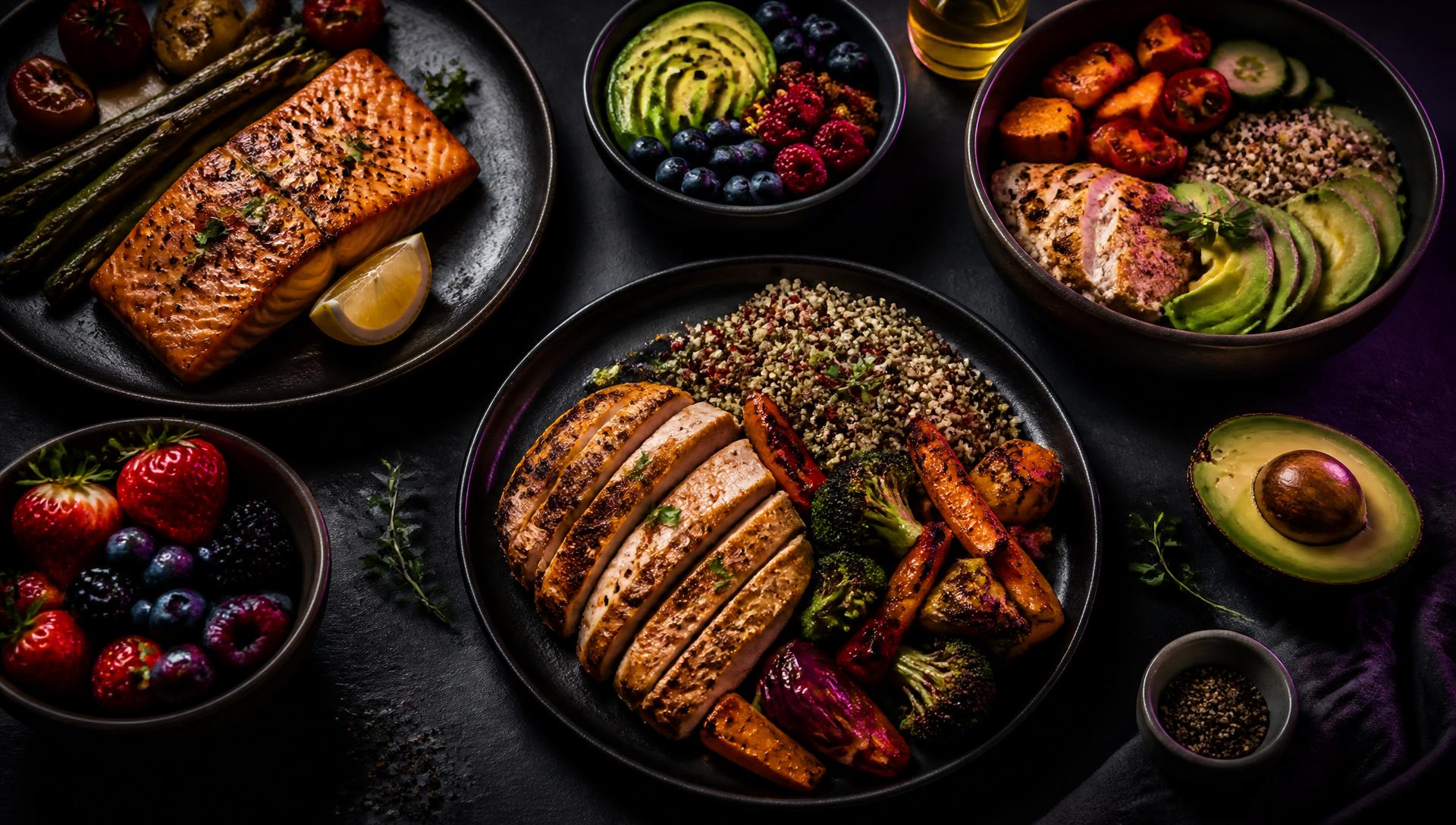 Overhead spread of healthy high-protein meals: salmon, grilled chicken, quinoa, avocado and berries