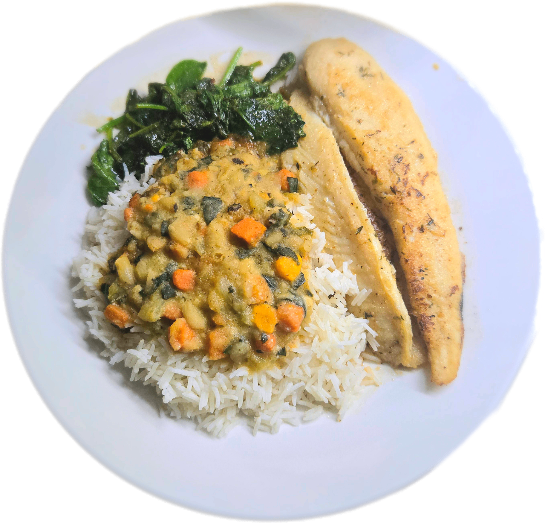 Pan-seared basa fillet on a white plate with basmati rice topped with pureed Tuscan white beans, carrot and sweet potato, and a side of lemon spinach