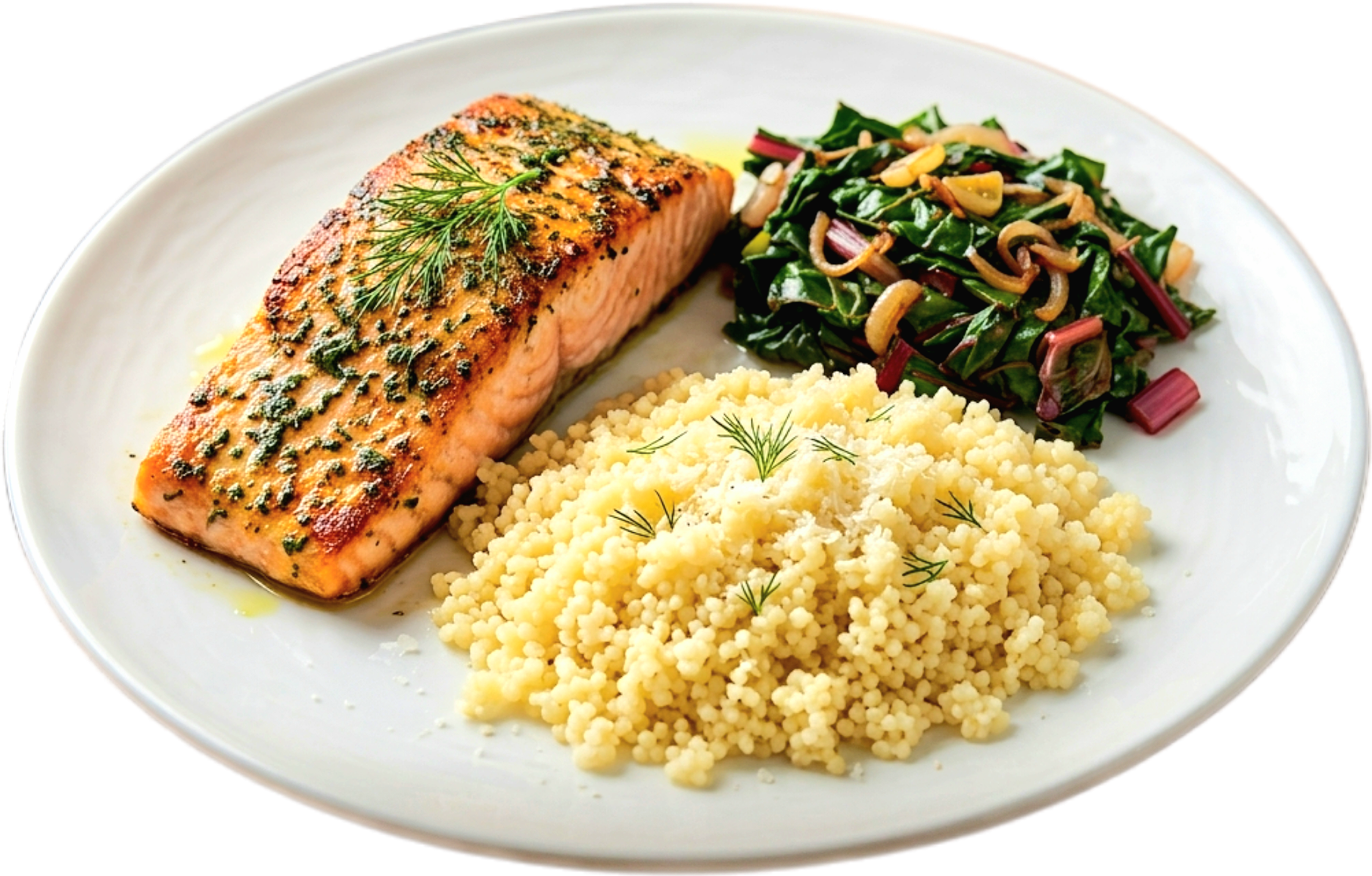 Pan-seared herb salmon with garlic-sautéed Swiss chard and parmesan couscous on a white plate