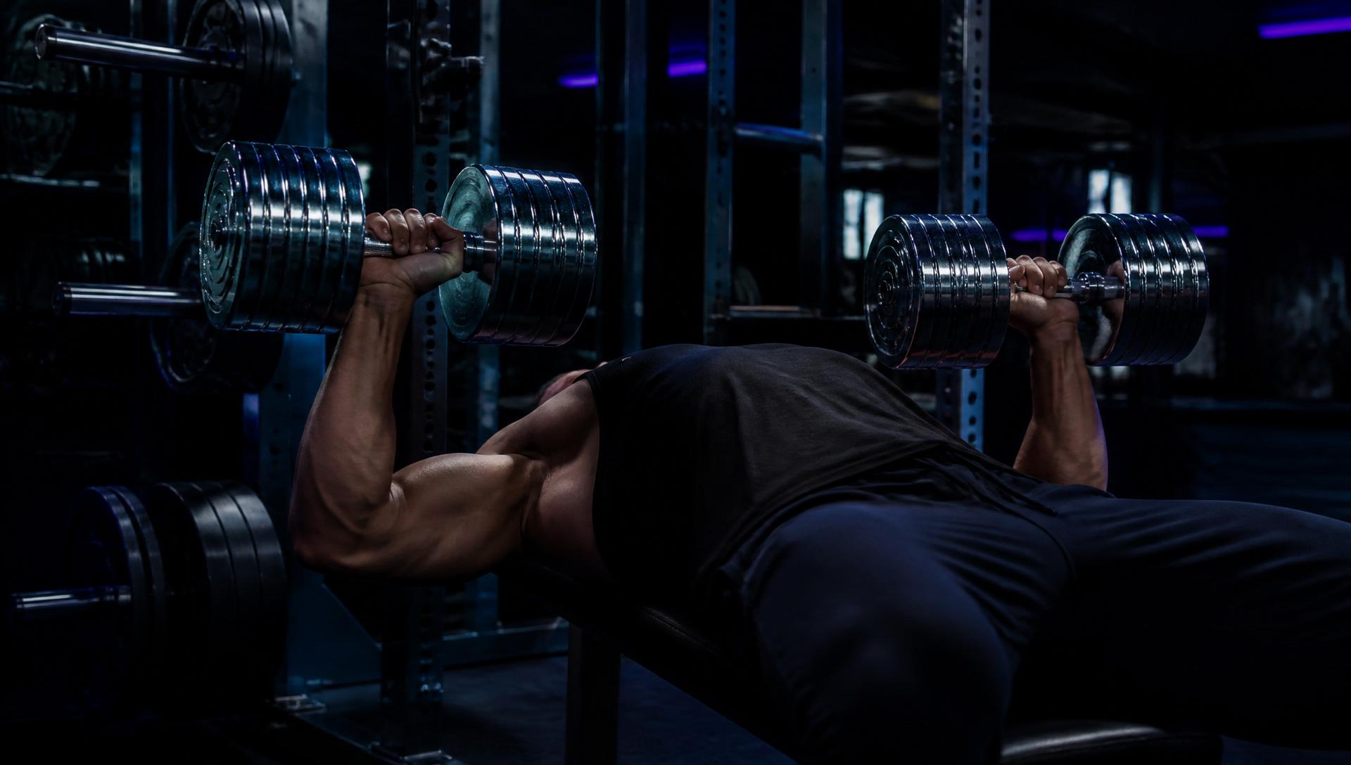 Athlete pressing heavy dumbbells on a bench in a modern gym
