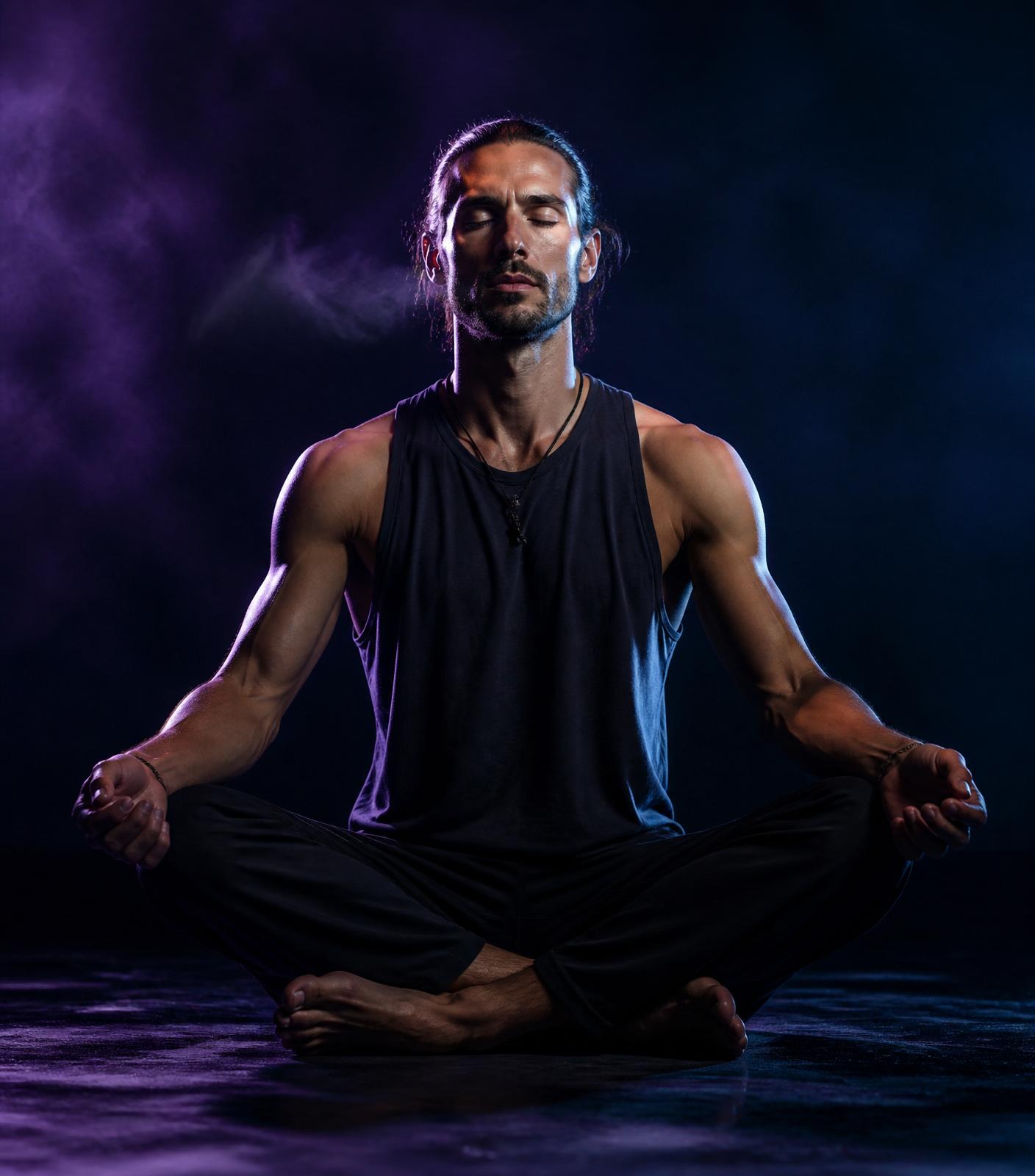 Close-up portrait of focused breathwork practice