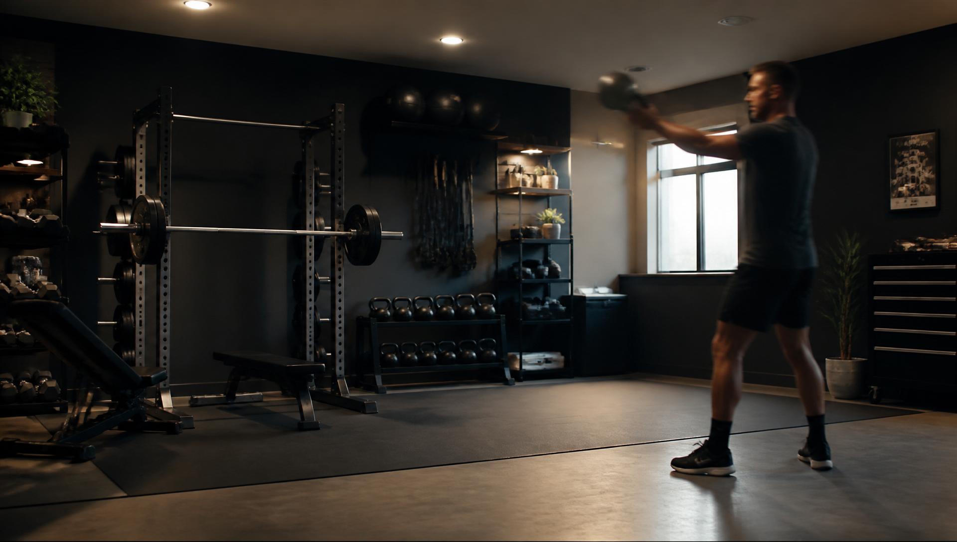 Well-organized home gym with power rack, kettlebells and bench