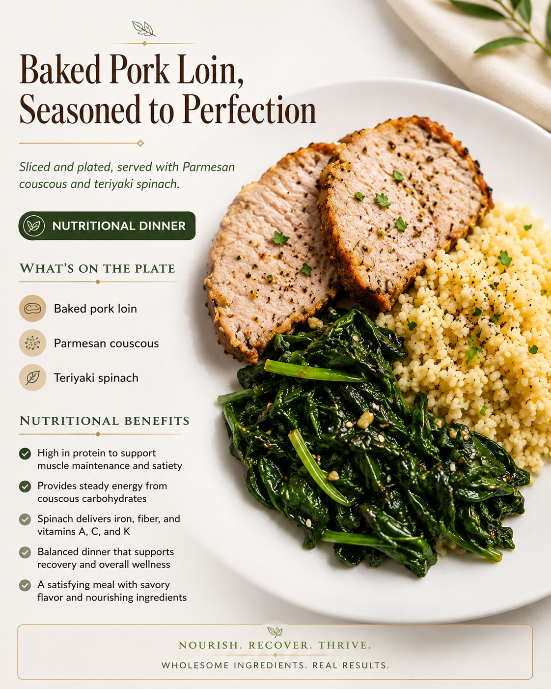 Baked pork loin slices plated with Parmesan couscous and teriyaki spinach