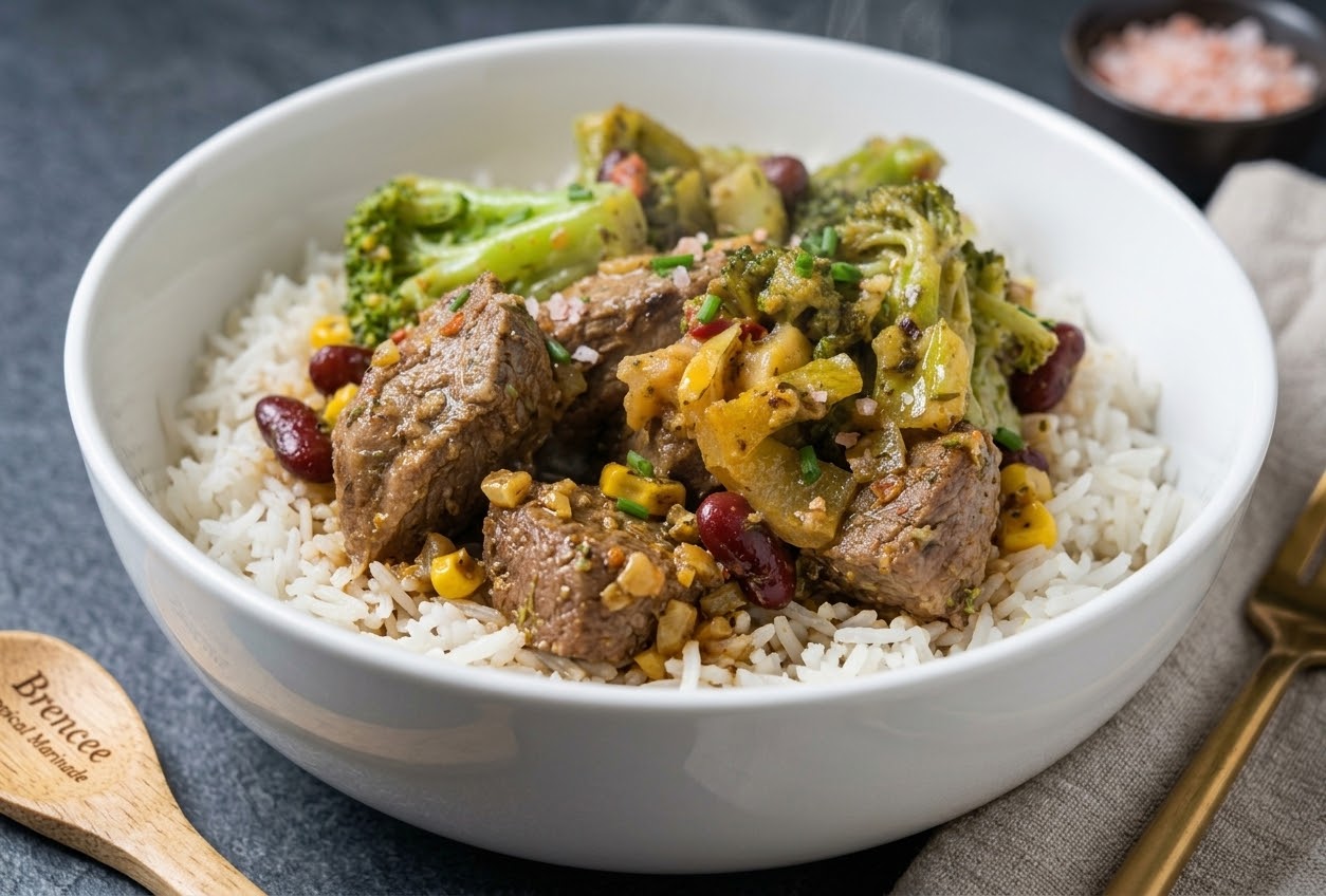 Tropical-marinated beef stew chunks with broccoli, corn, and kidney beans served over basmati rice, garnished with chives and pink Himalayan salt