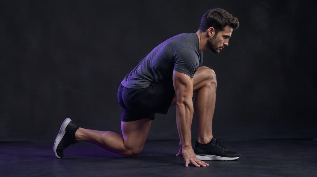 Ankle Rocks: Man in a half-kneeling lunge rocking the front knee forward over the toes