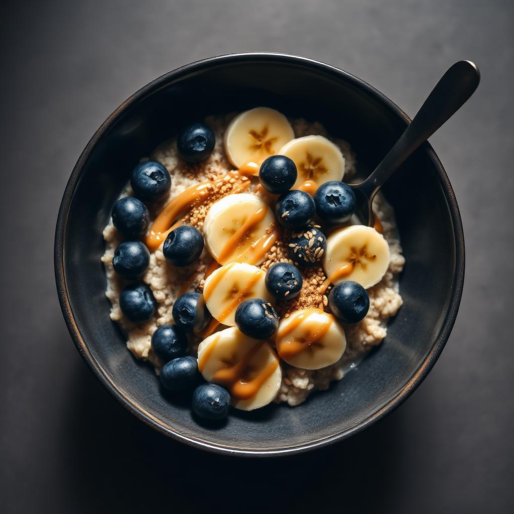Steel-cut oats topped with banana, blueberries, almond butter and hemp seeds