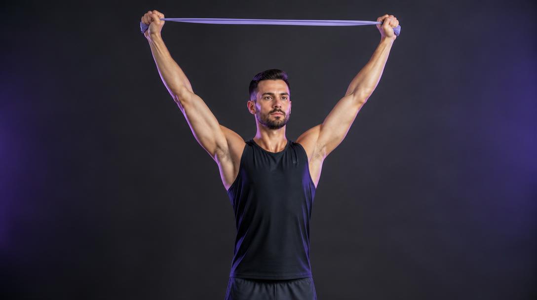 Band Pass-Throughs: Man passing a light resistance band overhead with straight arms