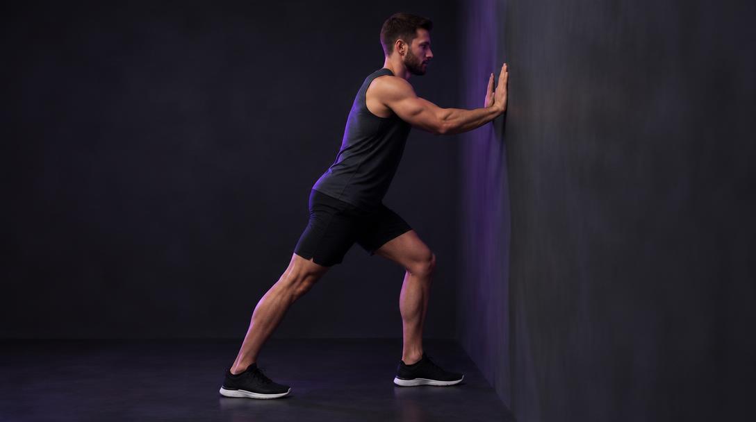 Bent-Knee Soleus Stretch: Man leaning on a wall with the back knee bent and heel flat on the floor