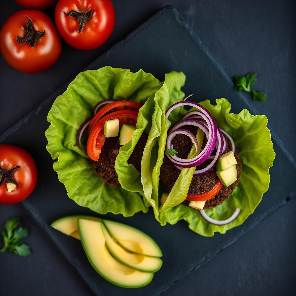 Bison burger patty wrapped in butter lettuce with tomato, onion, and avocado