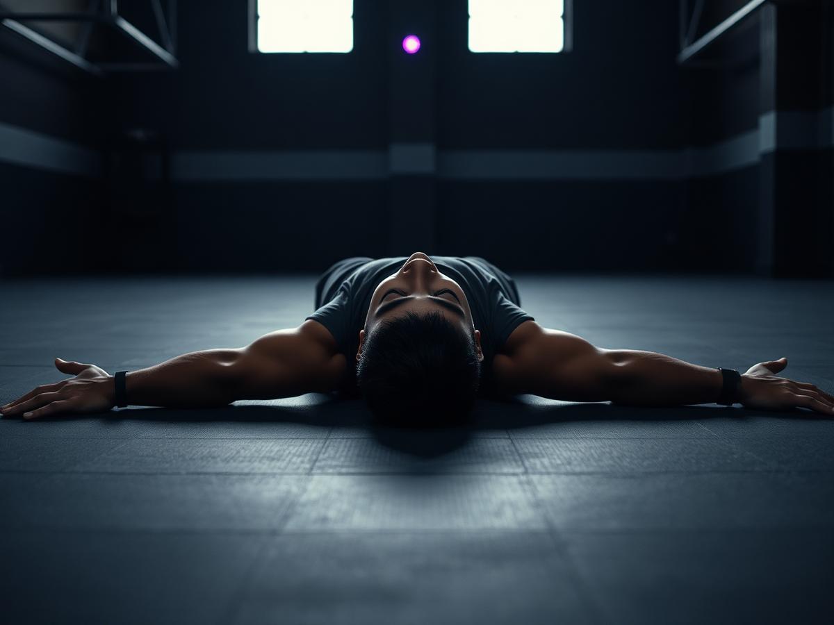 Athlete lying on a gym floor doing recovery breathing