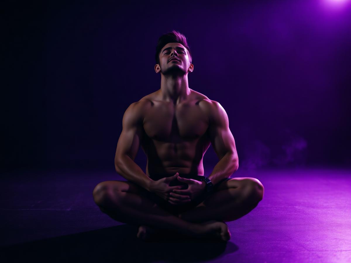Athlete seated in a dark studio breathing with eyes closed