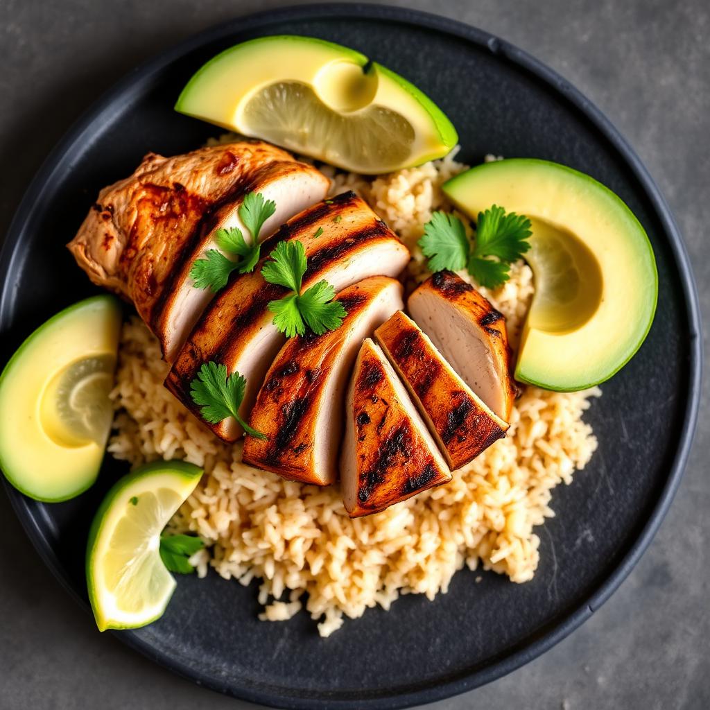 Grilled chicken sliced over basmati rice with avocado and cilantro