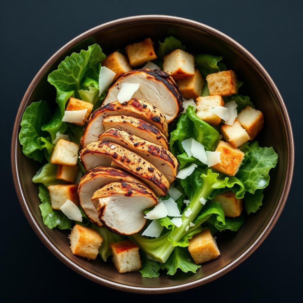Grilled chicken Caesar salad bowl with parmesan and croutons