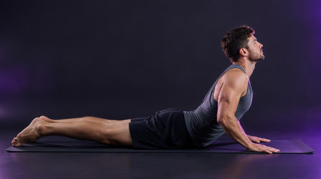 Supported Cobra: Man lying face down, pressing his chest up with hips staying on the floor