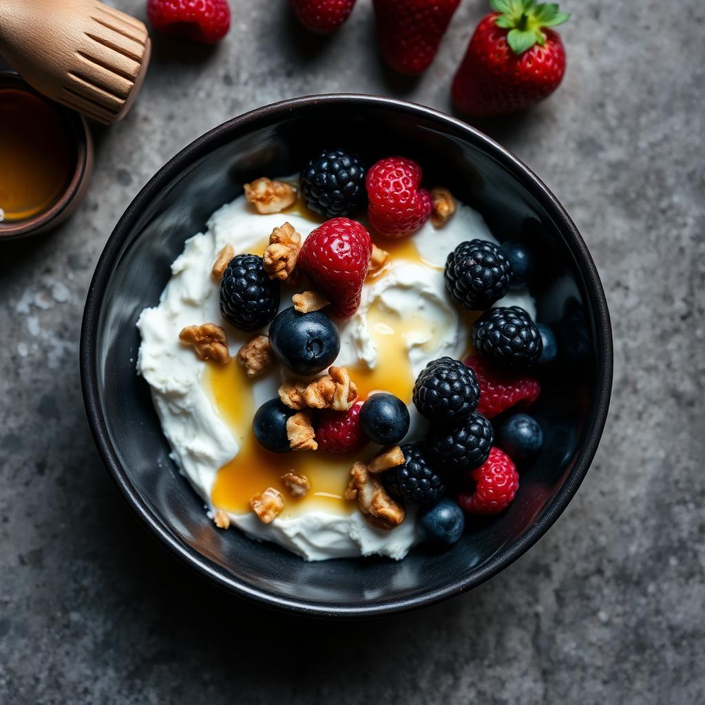 Bowl of cottage cheese topped with mixed berries, walnuts and a drizzle of honey