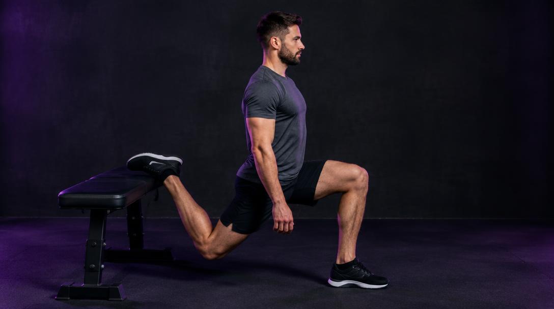 Couch Stretch: Man half-kneeling with his back shin propped on a bench, torso upright