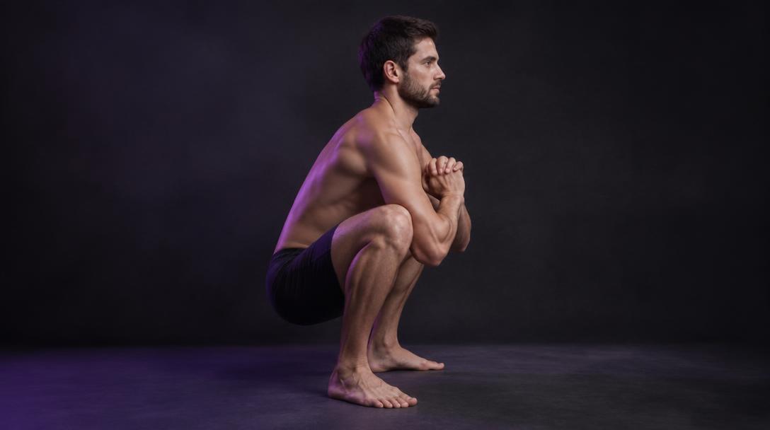 Deep Squat Hold: Man resting in a deep squat with heels flat and elbows inside the knees