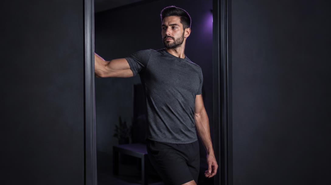 Doorway Pec Stretch: Man with his forearm on a doorway frame at shoulder height, chest turned away for a pec stretch