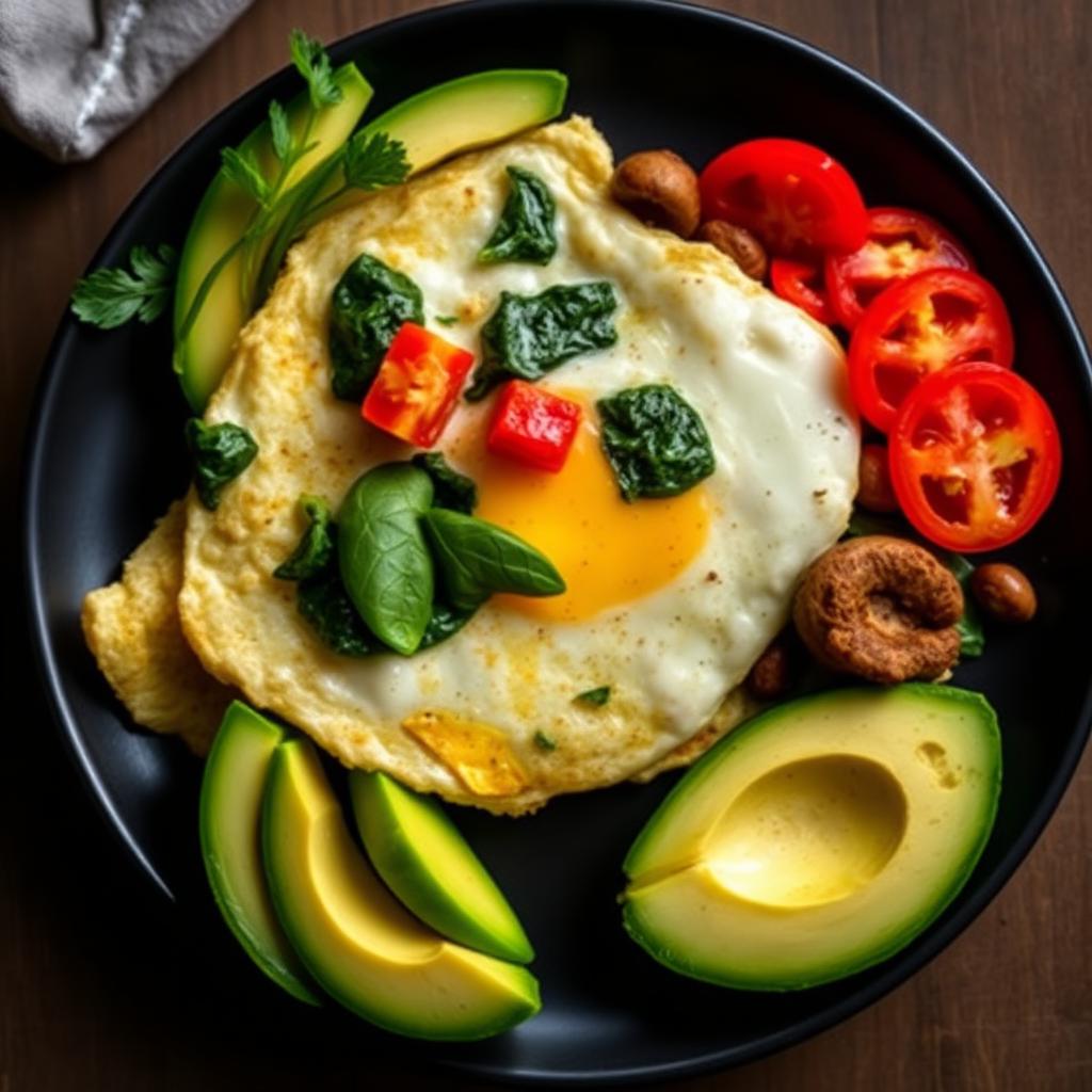 Egg white omelet with spinach, peppers, and mushrooms served with avocado slices