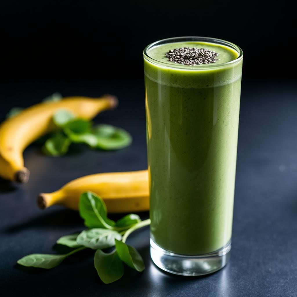 Tall glass of green recovery smoothie topped with chia seeds