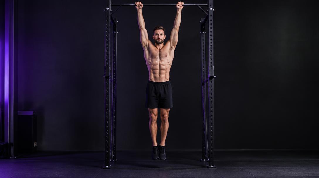 Passive Bar Hang: Man hanging from a pull-up bar with straight arms and relaxed shoulders