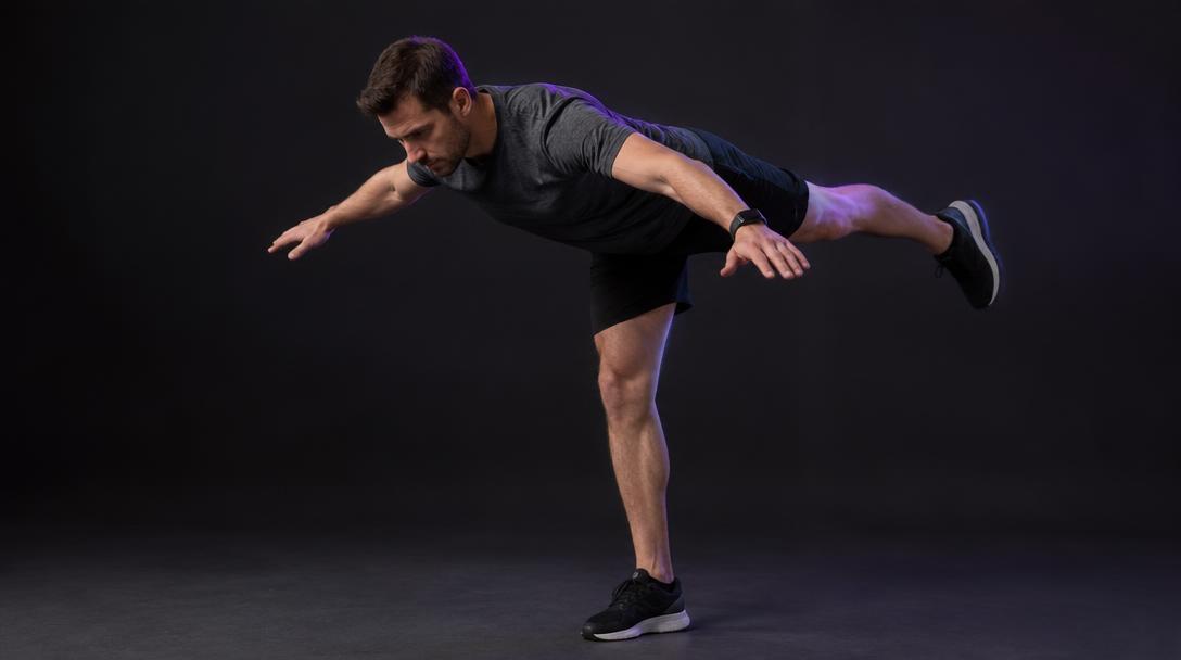 Hip Circles (Standing): Man balancing on one leg, hinged forward with the free leg behind and hips rotating open