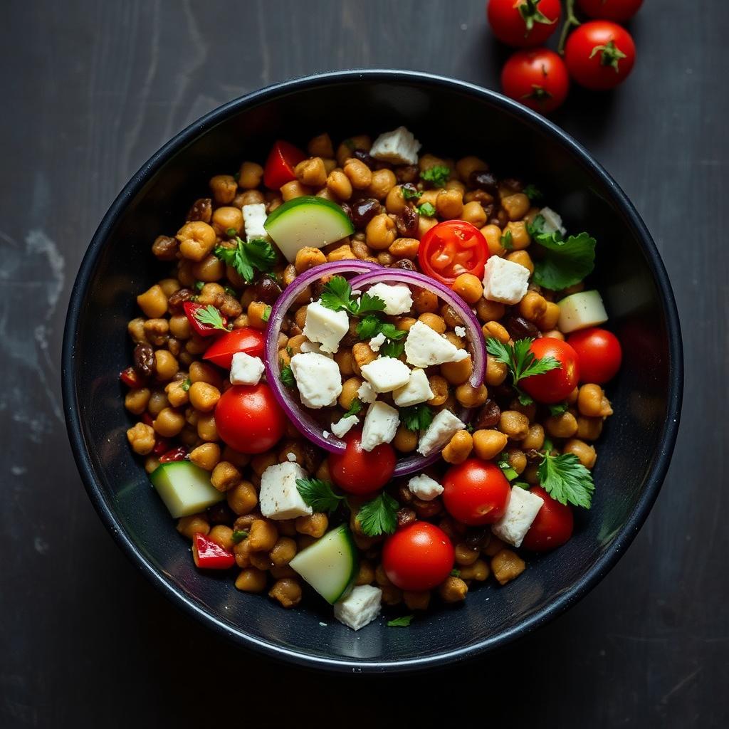 Bowl of lentil and chickpea salad with tomatoes, cucumber, red onion, and feta