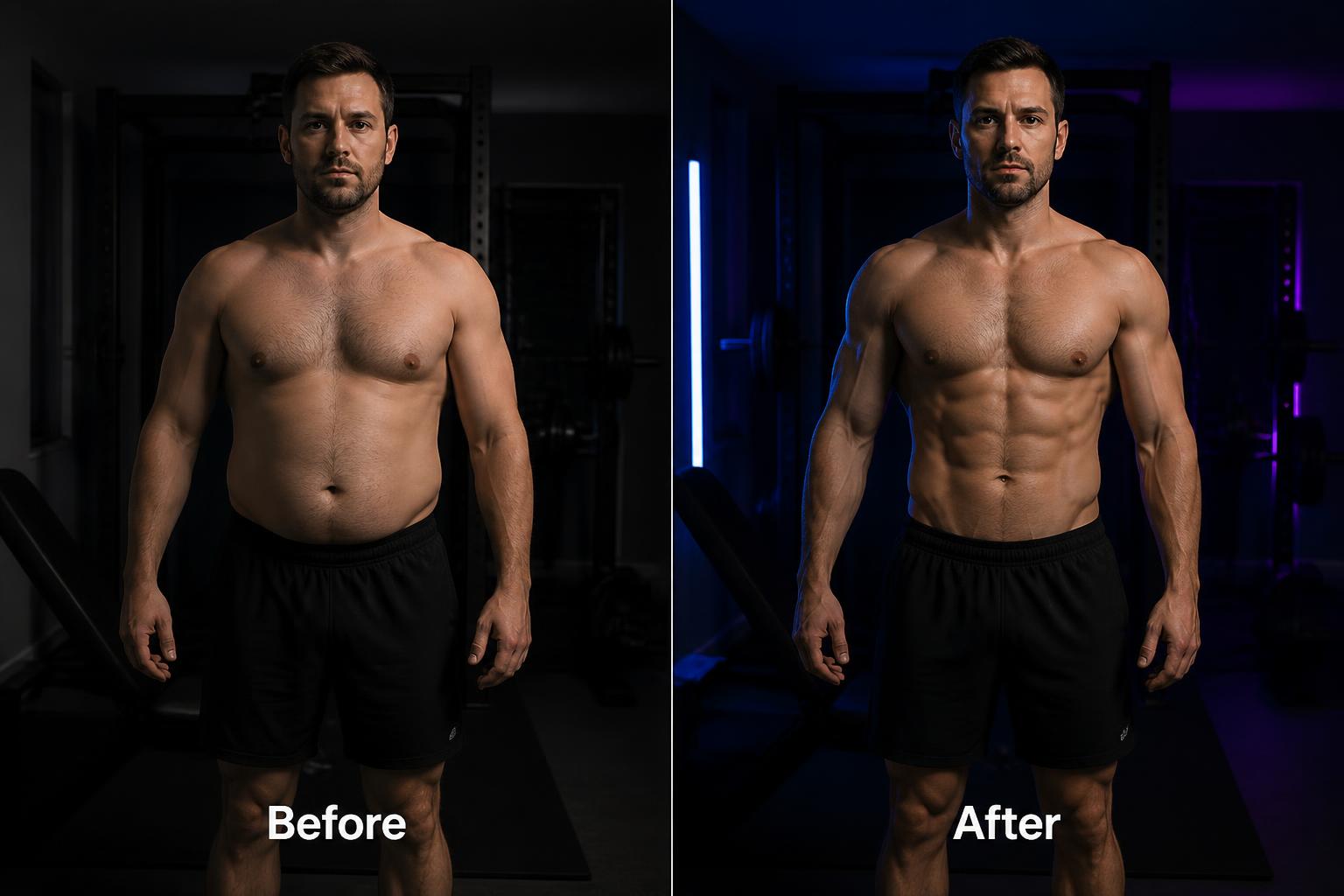 Marcus, a man with an initially stocky build, shown in a before-and-after split. Left: softer midsection and rounder shoulders. Right: visibly leaner waist with defined abs, fuller chest and sharper arms after 12 weeks of training.