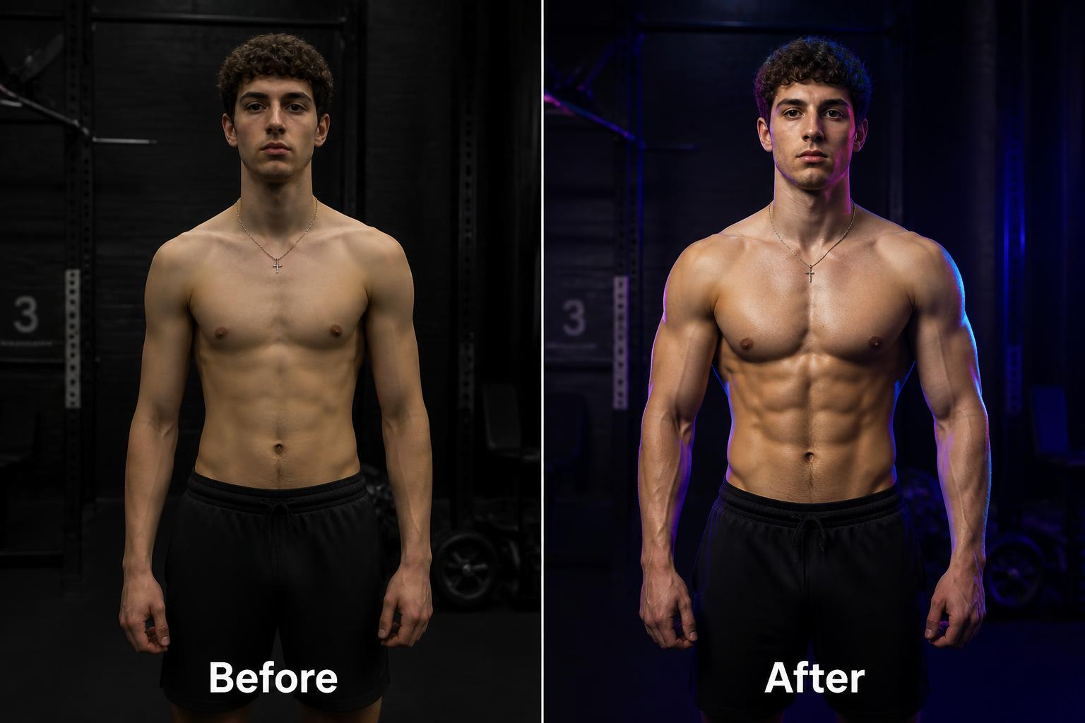Devin, a man with an initially slim build, shown in a before-and-after split. Left: lean, average frame. Right: broader chest and shoulders, thicker arms, deep abdominal definition and forearm vascularity after 10 weeks of hypertrophy training.
