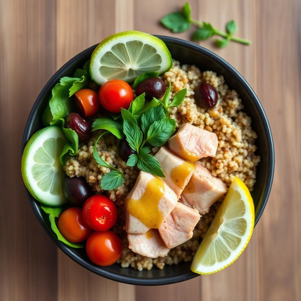 Mediterranean tuna quinoa bowl with cucumber, tomatoes, olives and lemon