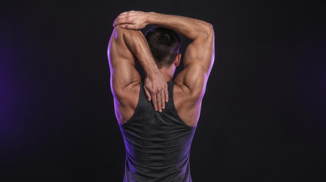 Overhead Reach & Side Bend: Man reaching one hand down his upper back while the other hand guides the elbow
