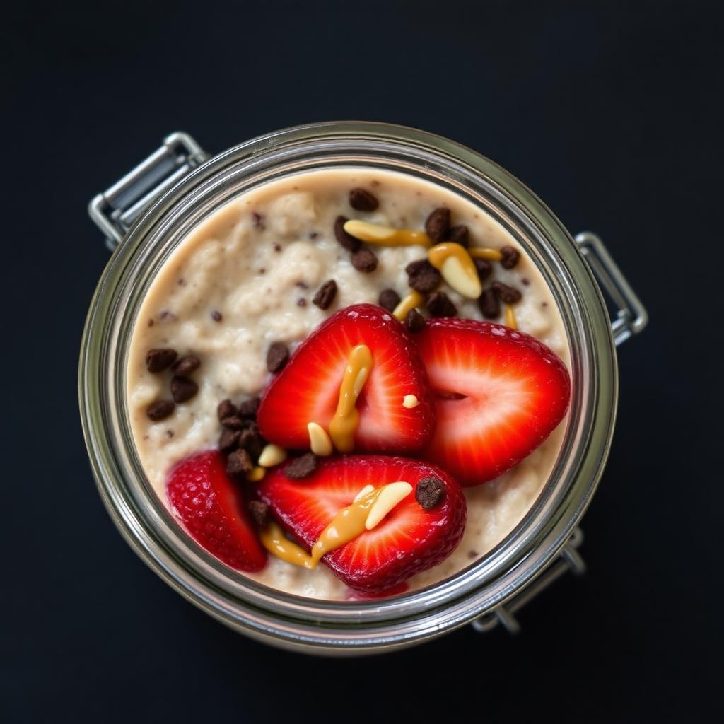 Mason jar of overnight oats topped with strawberries, chia seeds, and almond butter