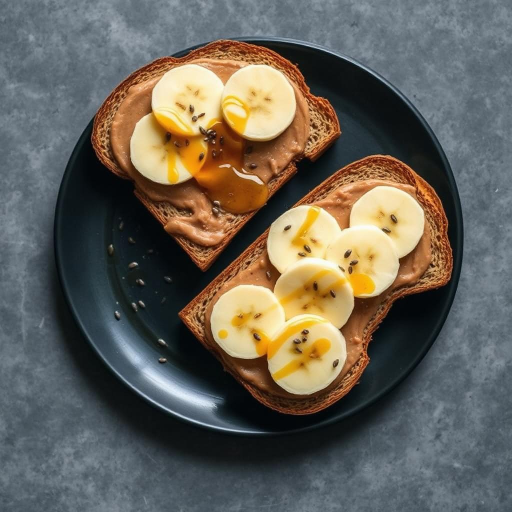 Peanut butter banana toast with chia seeds and honey on a dark plate