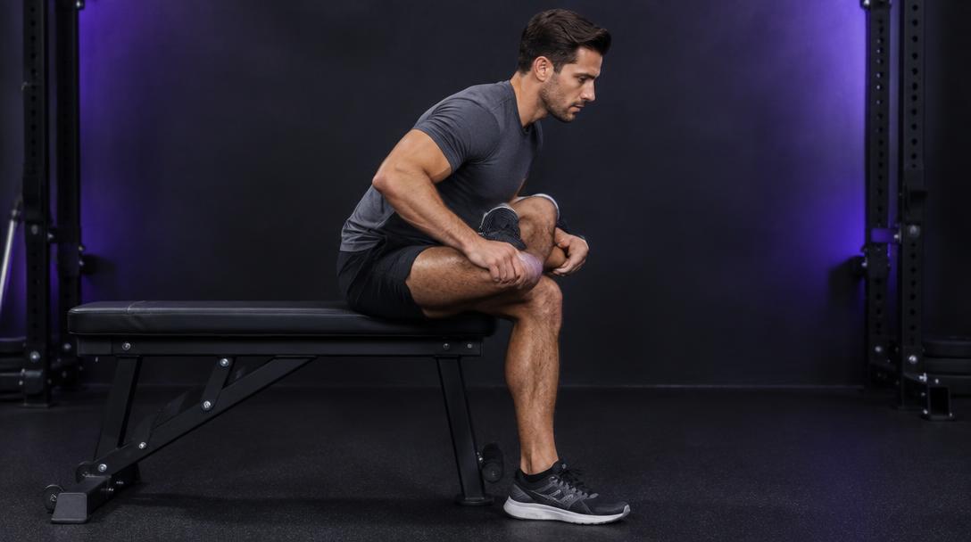 Seated Cross-Leg Glute Stretch: Man seated on a bench with one ankle crossed over the knee, leaning forward with a flat back