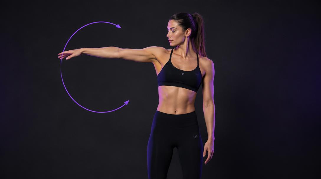Controlled Shoulder Circles (CARs): Woman tracing a slow, controlled circle with one straight arm