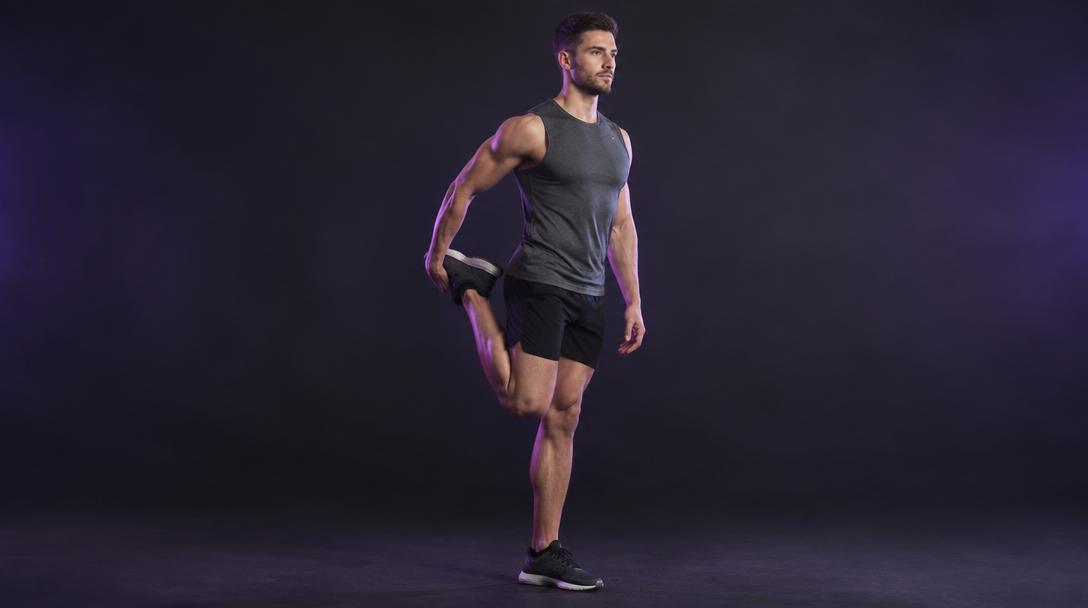 Standing Quad Stretch: Man standing tall holding one ankle behind his glute