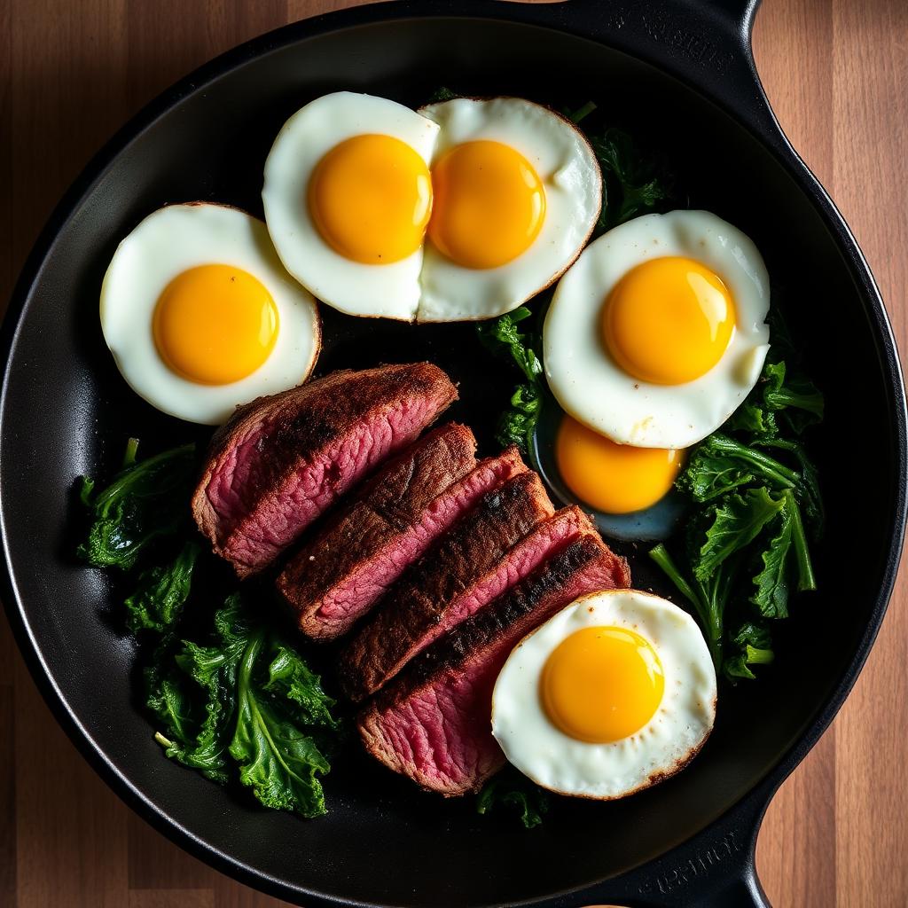 Steak, eggs and greens
