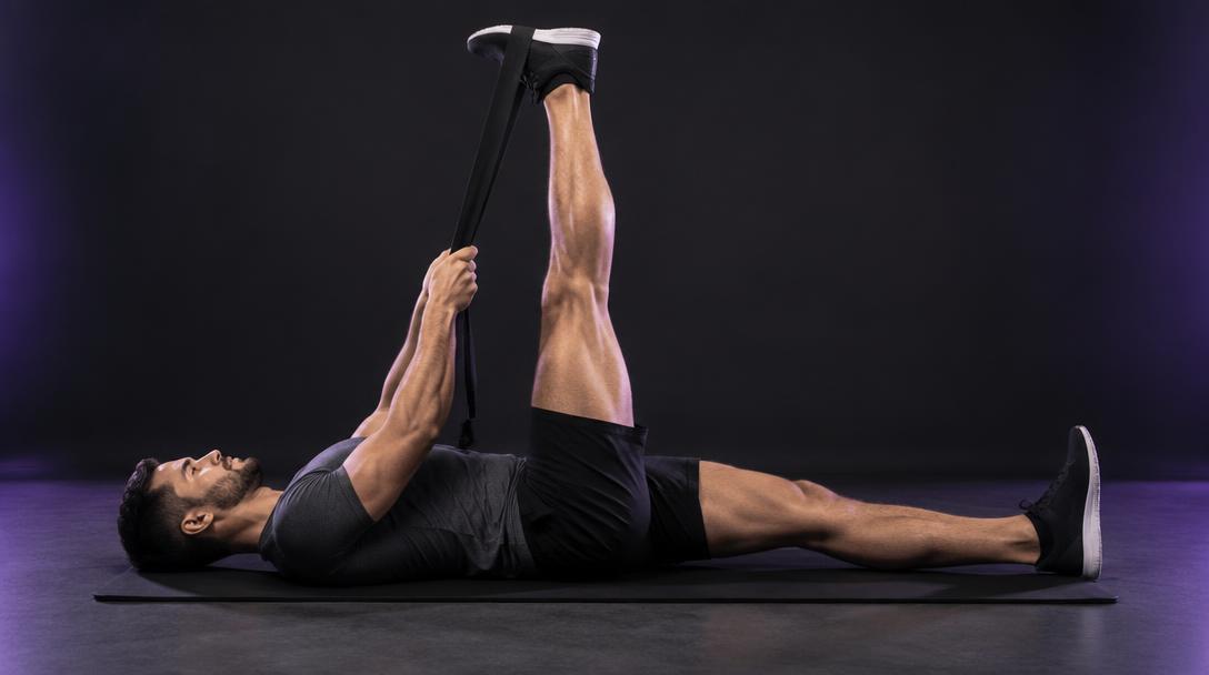 Supine Strap Hamstring Stretch: Man lying on his back with a strap around one foot, that leg raised straight