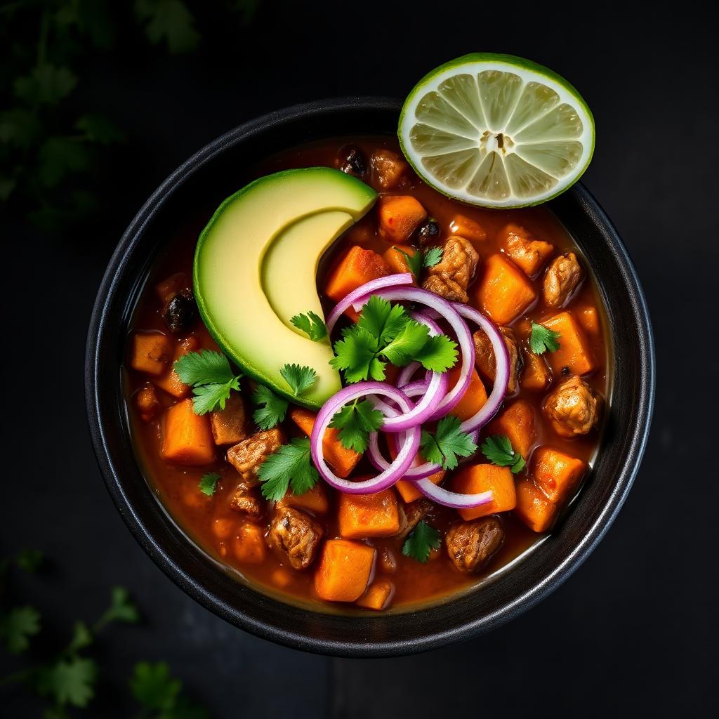 Bowl of sweet potato turkey chili topped with avocado, cilantro, and red onion