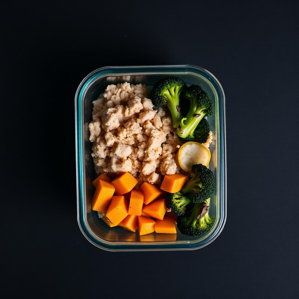 Meal prep container with ground turkey, brown rice, broccoli, and sweet potato