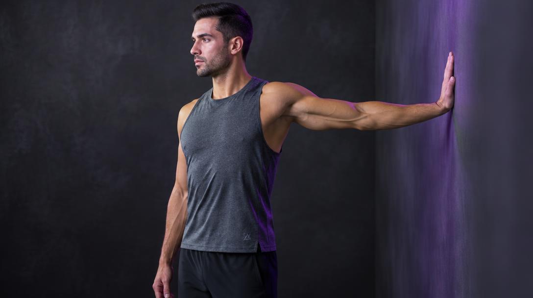 Wall Biceps Stretch: Man with one arm extended behind him, palm on a wall, torso turning away
