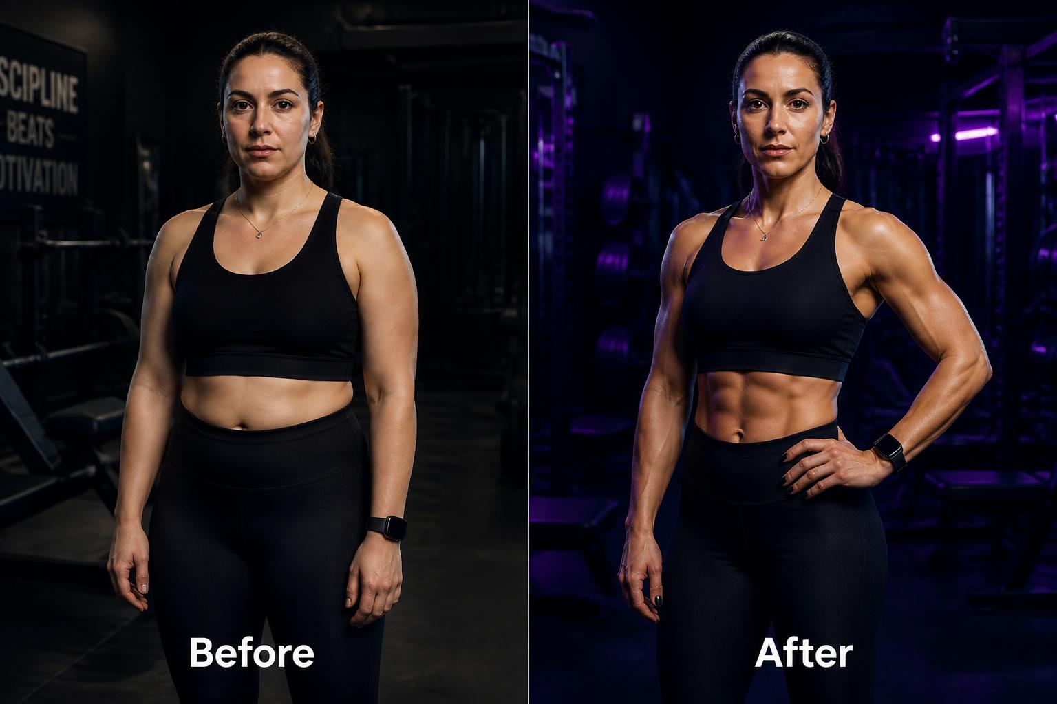 Priya, a woman with an initially soft build, shown in a before-and-after split. Left: relaxed posture and softer core. Right: leaner, braced midline with defined abs, toned arms and a trimmer, more confident posture after 16 weeks of training.
