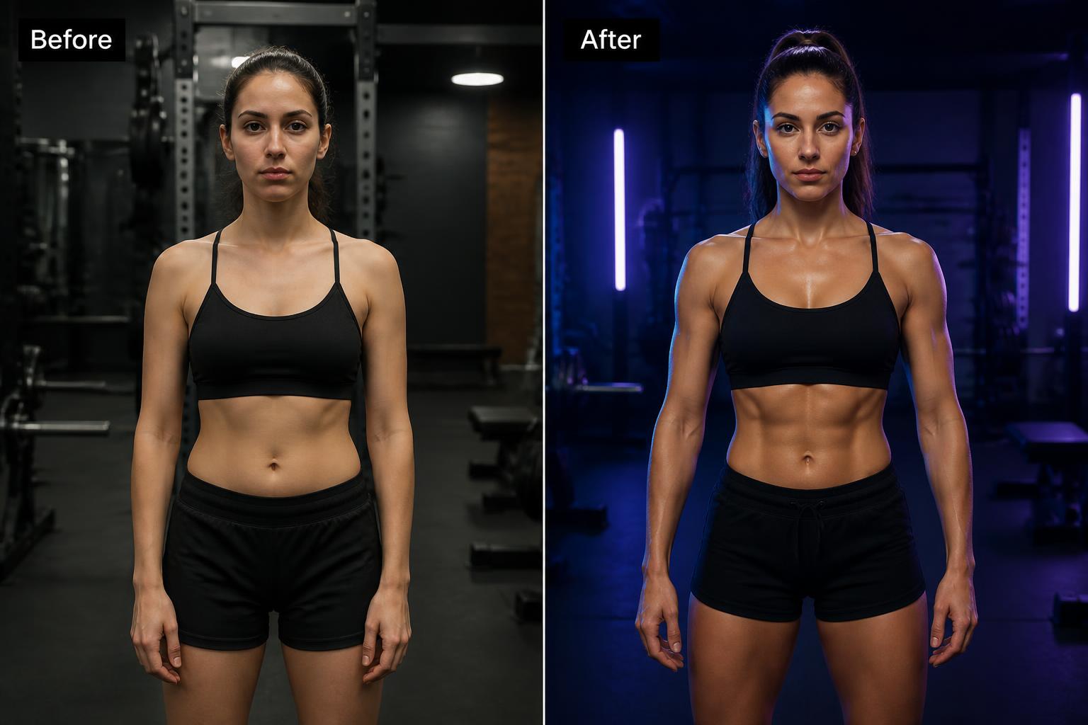 Sofia, a woman with an initially slim build, shown in a before-and-after split. Left: untrained, soft frame. Right: increased muscle definition across the abs, shoulders and arms after 14 weeks of bodyweight and mobility training.
